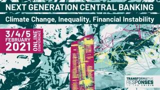 Plakat:Ein Hochhaus, von dem Vernetzungen ausgehen vor einer Art Weltkarte, darüber steht "Next Generation Central Banking. Climate Change, Inequality, Financial Instability".