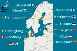 Auf einer Landkarte des europäischen Ostseeraums sind die bewerbende Städte um den Titel BSR Cultural Pearls eingezeichnet: Jakobstad, Närpes, Nykarleby, Kristinestad (alle Finnland), Hiiumaa (Estland) Rujiena, Cesis (Lettland), Druskininkai (Litauen), Kiel (Deutschland), Svendborg (Dänemark), Helsingborg, Härnosand (Schweden)