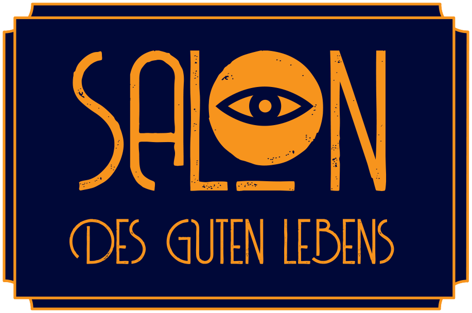 Logo "Salon des guten Lebens" Logo: Salon steht groß im Zentrum, darunter klein "des guten Lebens", alles in orangener Schrift auf dunkelblauem Grund. Das O von Salon ist ein Auge.