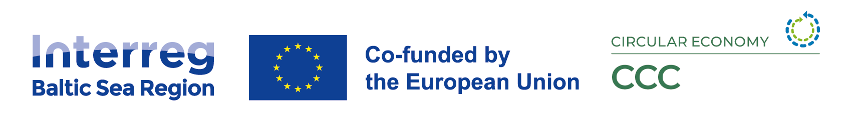 Logo von Creative Circular Cities (CCC) in Kombination mit den Logos von Interreg Baltic Sea Region und der EU.