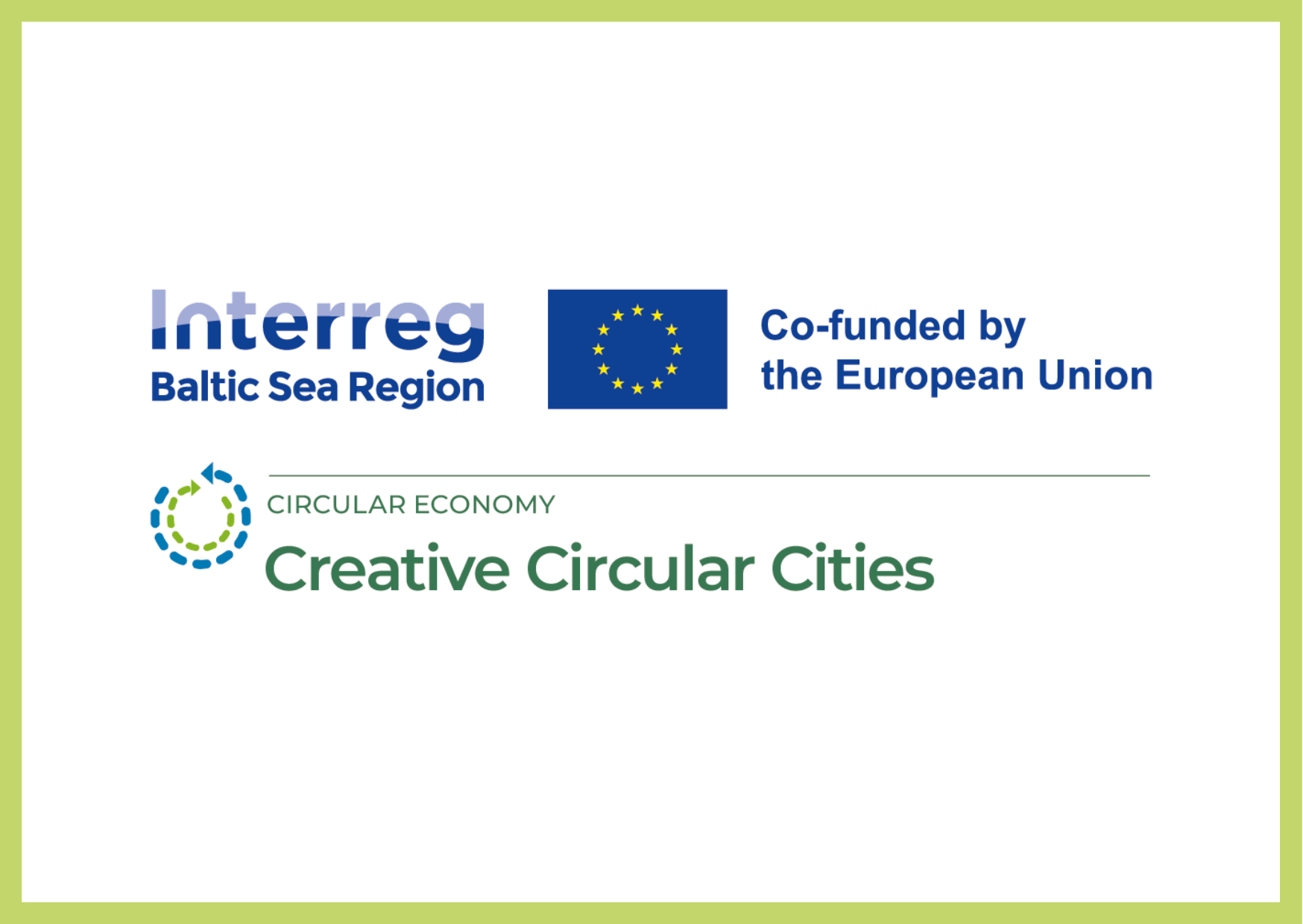 Logo von Creative Circular Cities (CCC) in Kombination mit den Logos von Interreg Baltic Sea Region und der EU.