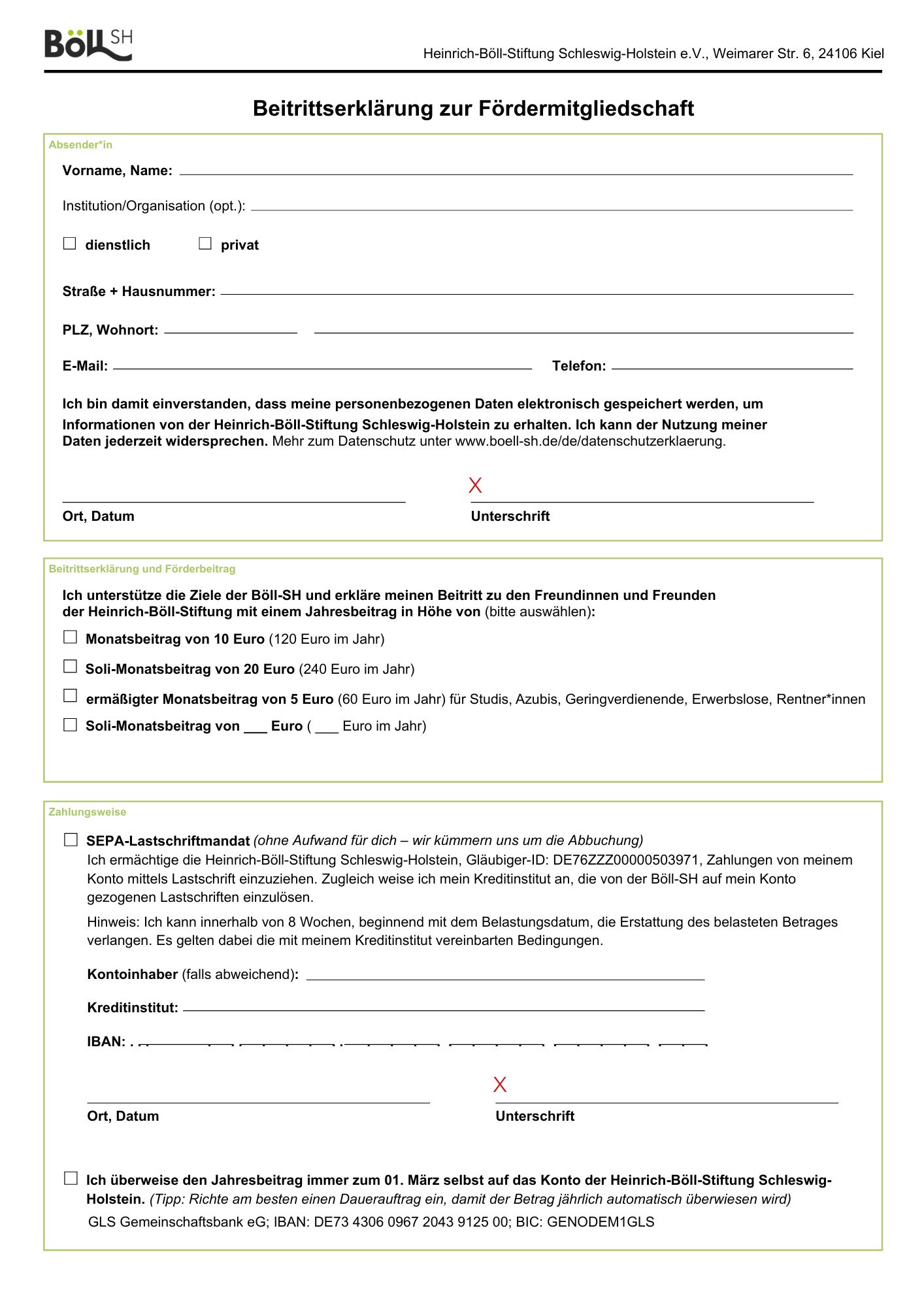 Beitrittsformular Fördermitglied