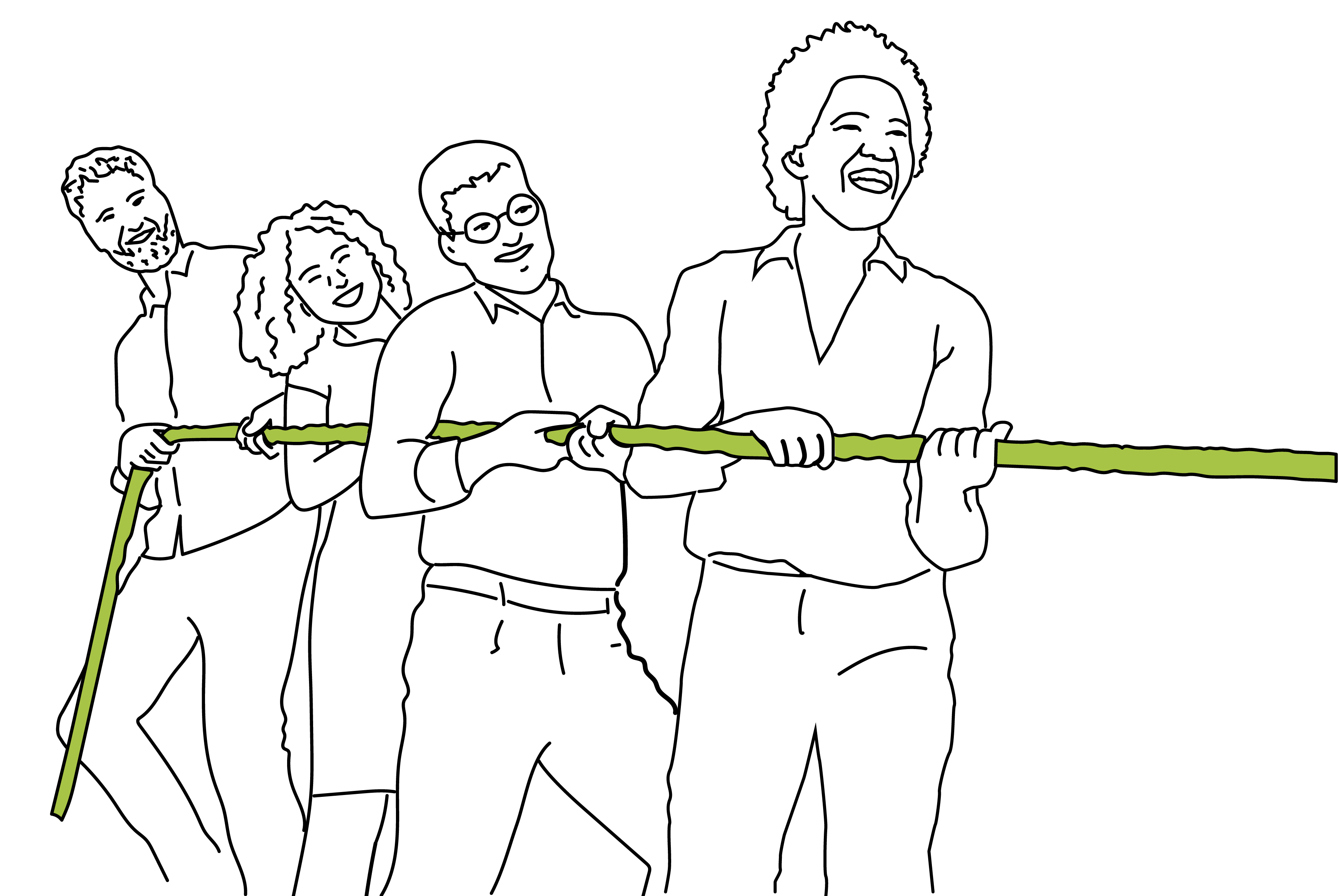 Vier gezeichnete Personen ziehen an einem Seil.