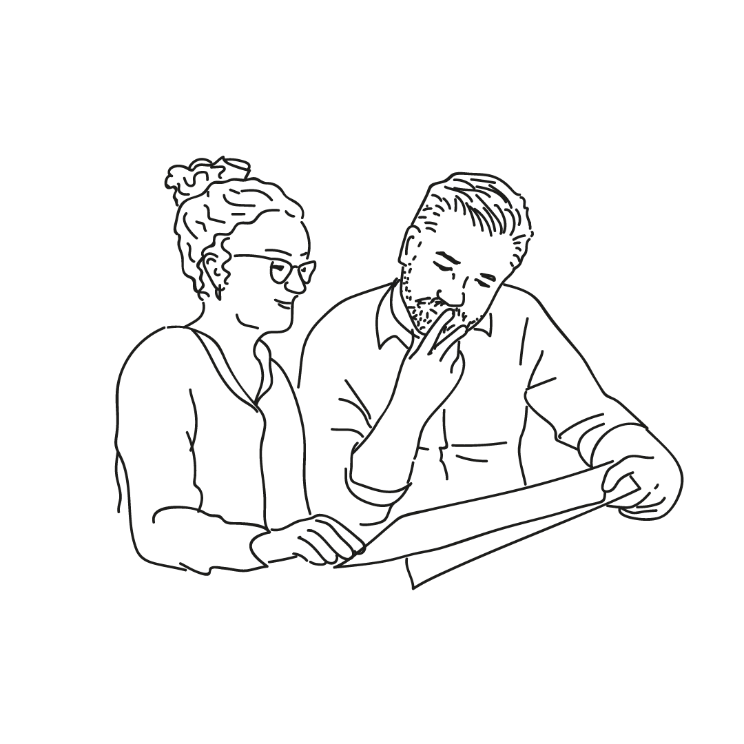 Zeichnung von zwei Personen, die beisammensitzen, auf ein Papier schauen und nachdenken.