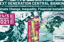 Plakat:Ein Hochhaus, von dem Vernetzungen ausgehen vor einer Art Weltkarte, darüber steht "Next Generation Central Banking. Climate Change, Inequality, Financial Instability".