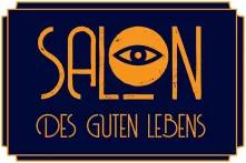 Logo: Salon steht groß im Zentrum, darunter klein "des guten Lebens", alles in orangener Schrift auf dunkelblauem Grund. Das O von Salon ist ein Auge.