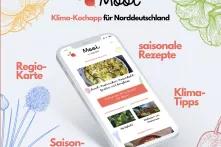 In der Mitte ist ein Smartphone, auf dem die Mooi-App abgebildet ist. Drumherum steht saisonale Rzepte, Klima-Tipps, Saison-Kalender, Regiokarte.