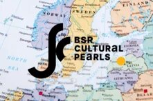 Ostseeraum Karte im Hintergrund mit dem Logo Cultural Pearls im Vordergrund