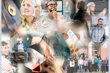 Eine Collage von Bildern mehrerer einzelnen Menschen aber auch eines Gruppenfotos. Zudem sind in der Collage Detailaufnahmen, wie von einem beschrifteten Apfelring, getragen als Kette, fungierend als Namensschild.