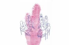 Eine Zeichnung auf der mehrere Personen auf Stühlen über einen überdimensionierten Kaktus herumsitzen.