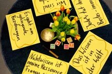 Auf gelben Zetteln stehen Leitsätze des Changemaker-Ansatzes. In der Mitte steht eine Vase mit Tulpen.