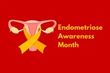 Grafik einer Gebärmutter mit einer Schleife darum. Daneben steht Endometriose Awareness Month.