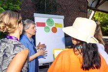 Personen stehen vor einer Flipchart und unterhalten sich.