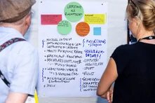 Eine beschriftete Flipchart mit zwei davor stehenden Personen