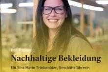 Sina Marie Trinkwalder, Geschäftsführerin von manomama, im Hintergrund ihre Produktion, für Böll.Regional: Nachhaltige Bekleidung
