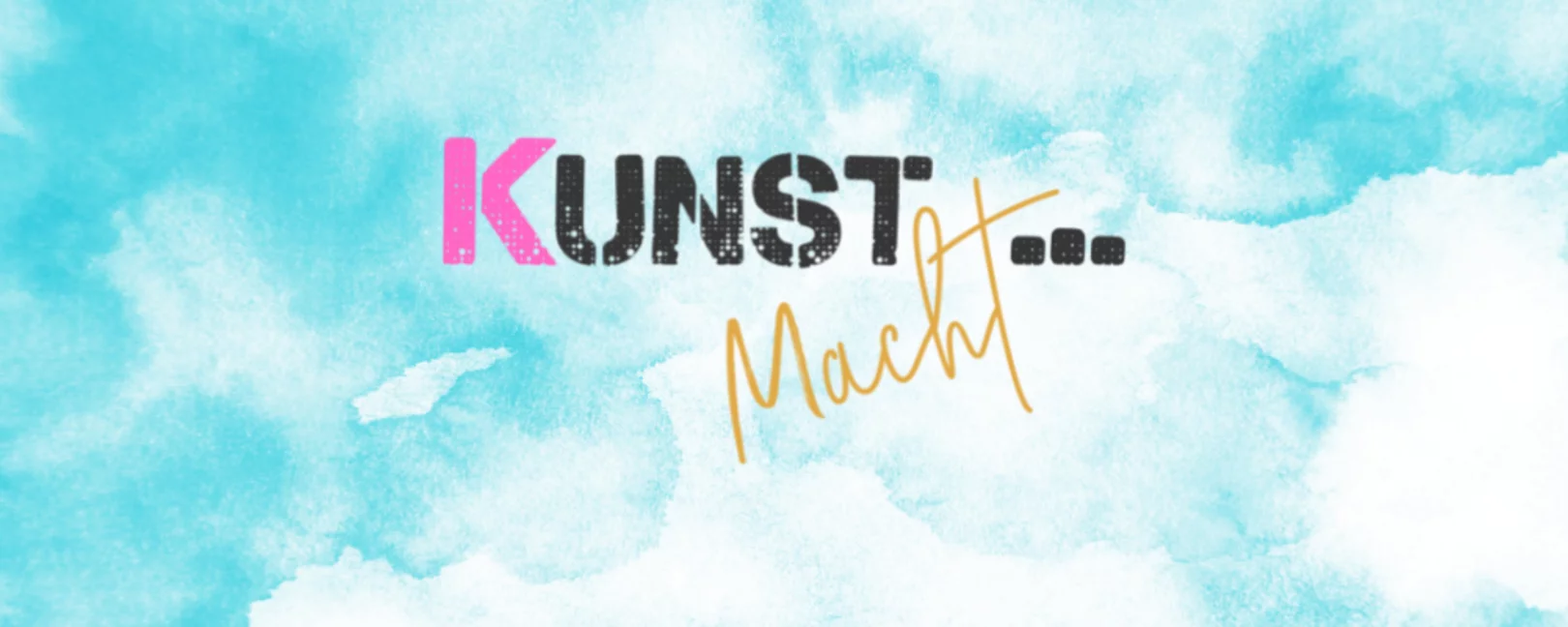 Logo KunstMacht. Im Hintergrund ist blaue Aquarellmalerei.