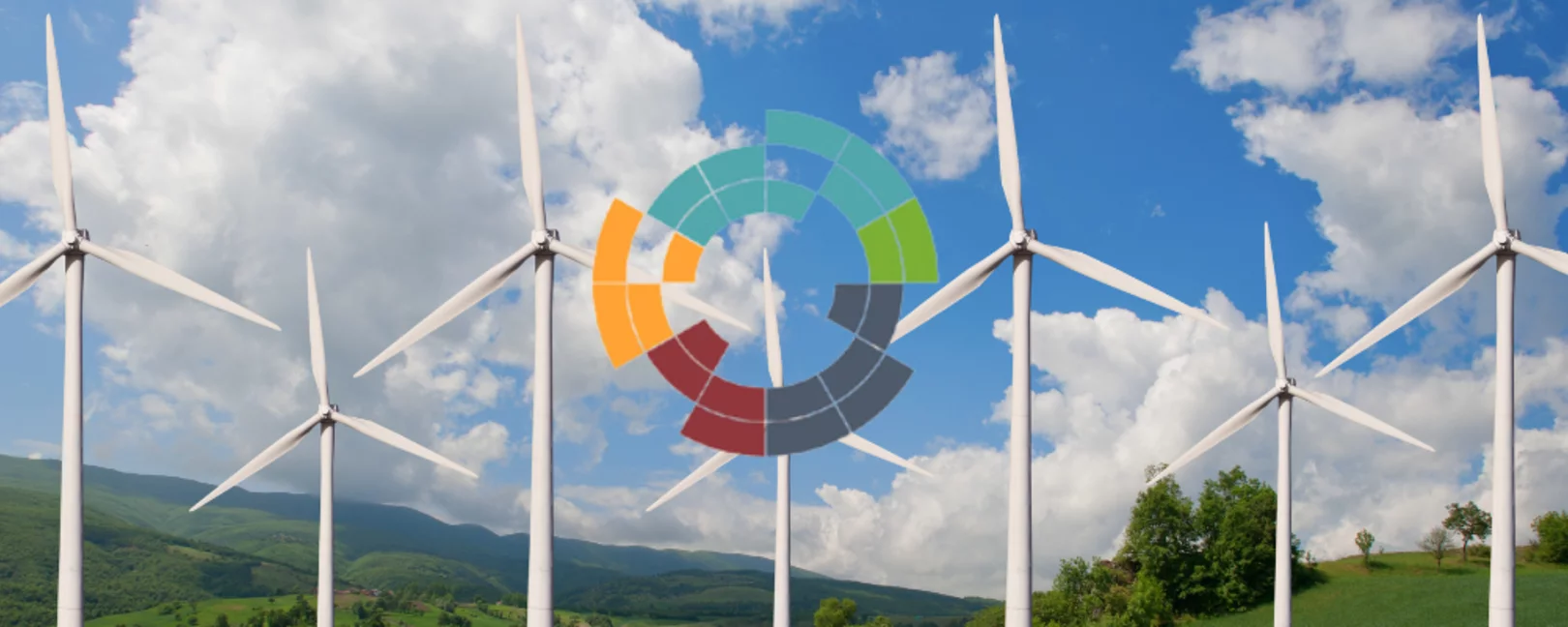 Logo Aktionswochen. Im Hintergrund sind Windräder vor blauem Himmel zu sehen.