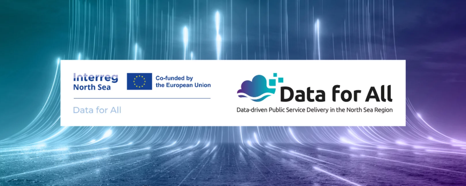 Im Hintergrund sind lila-blaue Datenströme. Darauf ist das Logo von Data for all und von Interreg North Sea, Co-funded by the European Union.