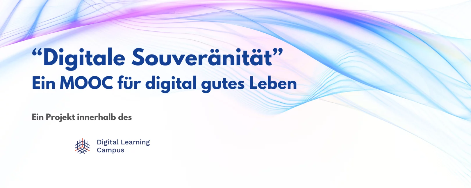 Fraktale Wellen in den Farben Blau und Lila auf Weißem Hintergrund. Im Vordergrund steht 