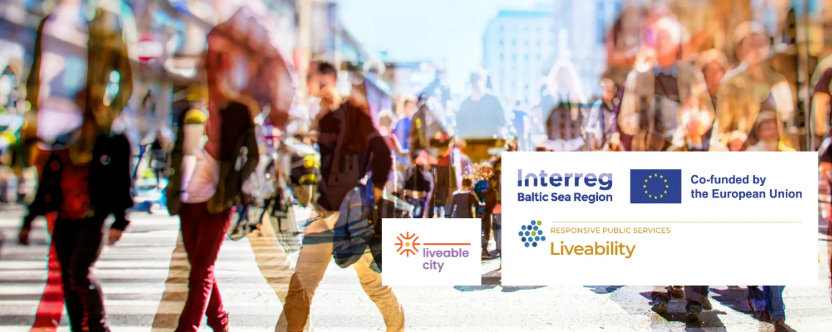 Logo von Liveability in der Mitte eines Fotos mit verschwommenen Menschen, die über einem Zebrastreifen die Straße überqueren.