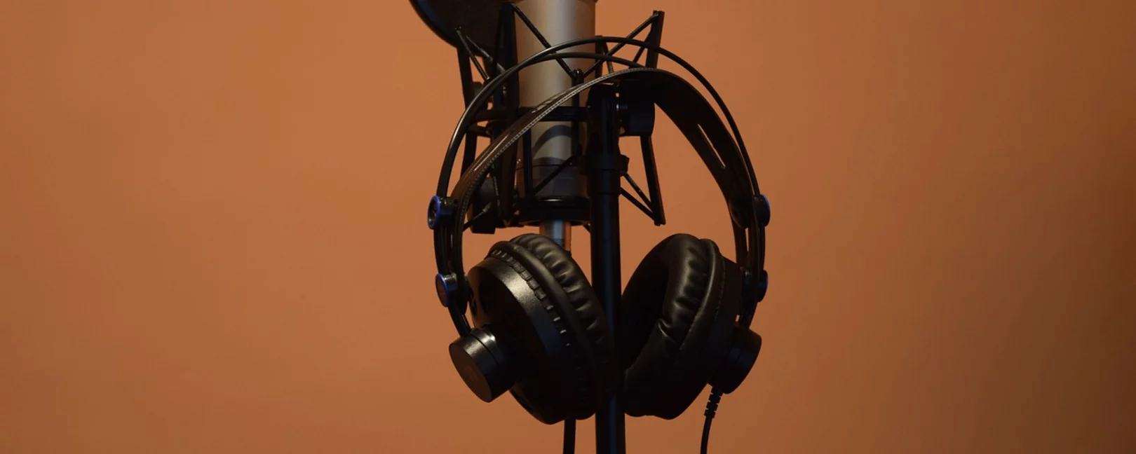 Man sieh ein professionelles Mikrofon mit daran hängenden Kopfhörern. 
