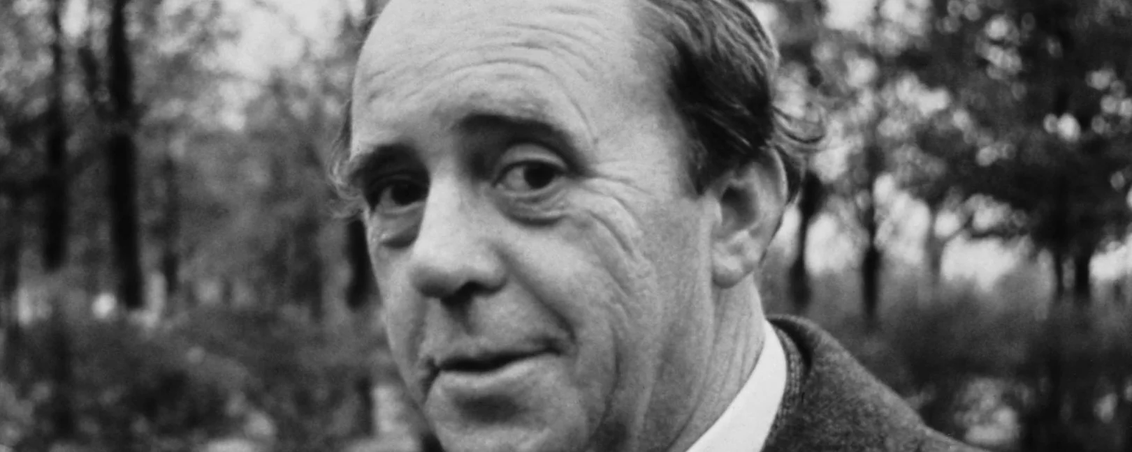 SChwarz-weißes Porträt von Heinrich Böll. Ein alter Mann mit Halbglatze und faltigen Gesichtschaut in die Kamera. Er trägt ein weißes Hemd, einen dunklen Schlips und darüber einen dunklen Mantel. Im Hintergrund ist ein Park mit Bäumen zu sehen.