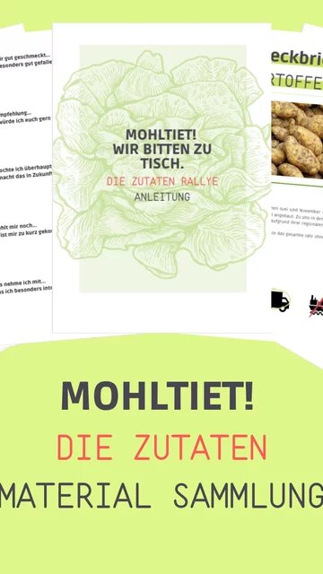 Aus den Bildungsmaterialien Mohltiet! die Zutaten sind einzelne Seitenauszüge zu sehen. Sie sind aus der Bildungsreihe Mohltiet! Wir bitten zu Tisch" vom Treffpunkt des guten Geschmacks entstanden.