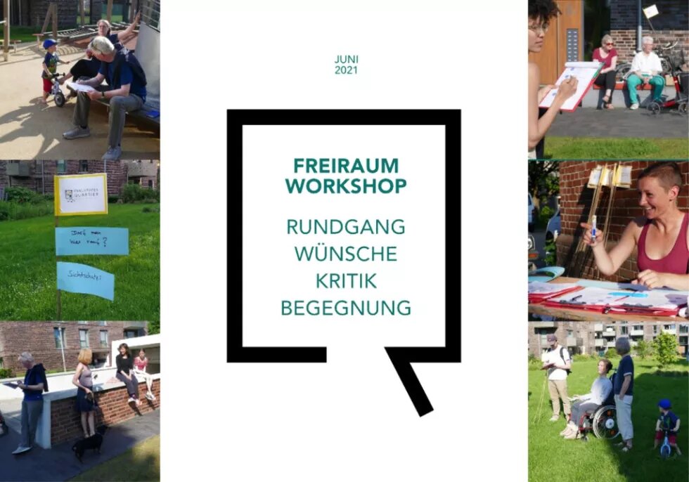 Freiraum-Workshop Foto-Collage: 6 Bilder mit verschiedenen Menschen im Anscharpark, die sitzen, überlegen, reden und zuschauen.