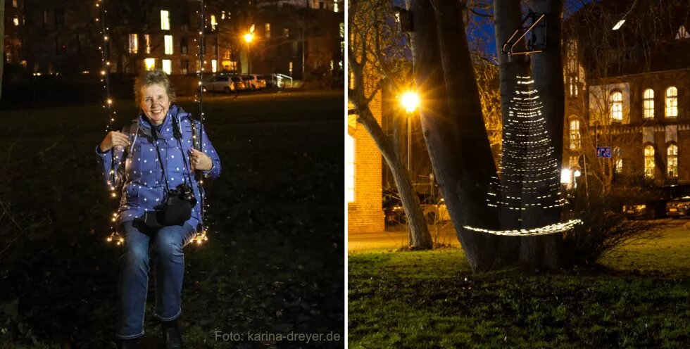 Zwei Bilder. Auf dem linken Bild sitzt eine ältere Frau auf einer Schaukel, deren Seile mit Lichterketten umwickelt sind, und lacht in die Kamera. Auf dem linken Bild hängt eine Schaukel an einem Baum. Durch die Bewegung der Schaukel werden verschwommene Lichter erzeugt. 