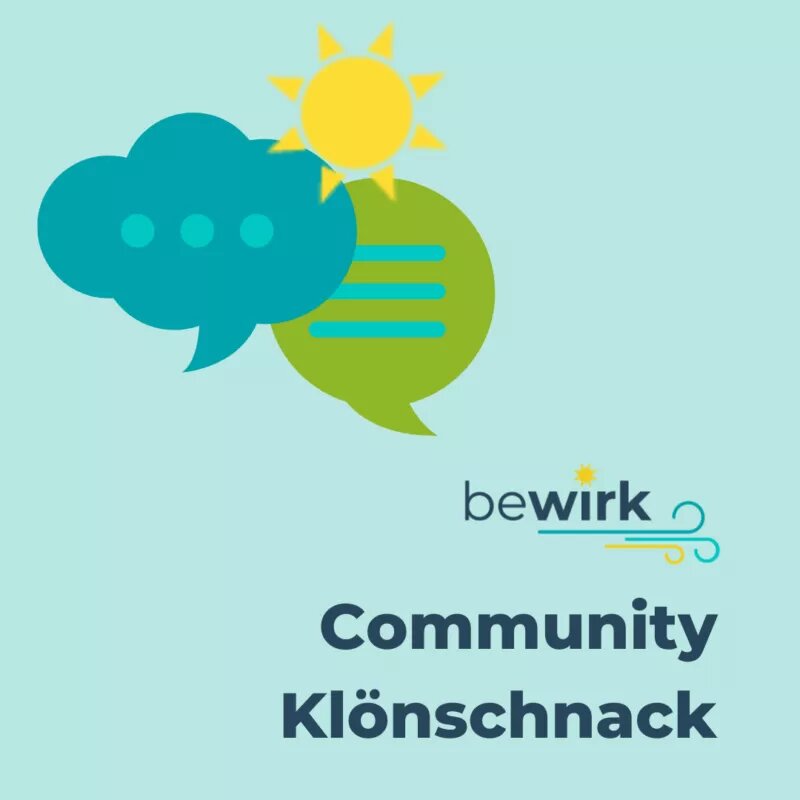 bewirk Community Klönschnacks Oben sind eine Sonne und Sprechblasen. Darunter steht bewirk Community Klönschnack.