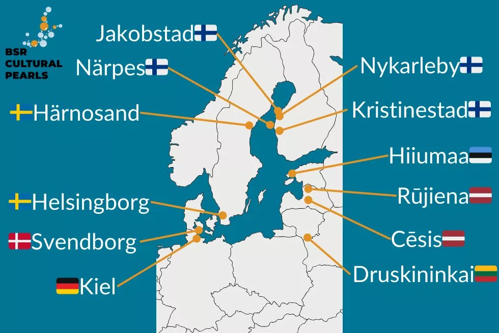 BSR Cultural Pearls Candidates Auf einer Landkarte des europäischen Ostseeraums sind die bewerbende Städte um den Titel BSR Cultural Pearls eingezeichnet: Jakobstad, Närpes, Nykarleby, Kristinestad (alle Finnland), Hiiumaa (Estland) Rujiena, Cesis (Lettland), Druskininkai (Litauen), Kiel (Deutschland), Svendborg (Dänemark), Helsingborg, Härnosand (Schweden)