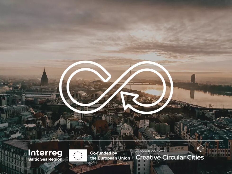 Creative Circular Cities Im Hintergrund ist eine Stadt von oben in der Abenddämmerung zu sehen. Darüber ist ein Symbol gezeichnet, das Kreislauf symbolisiert. Unten sind die Logos von Interreg BSR, Creative Circular Cities und die EU-Flagge.
