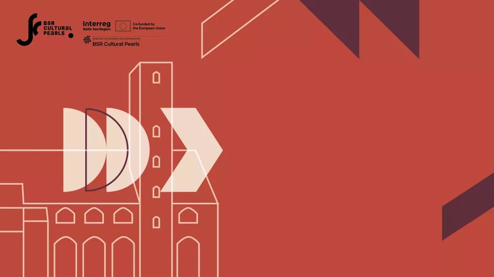 Culture for Resilience Forum 2024 Oben sind die Logos von BSR Cultural Pearls und Interreg BSR. Auf einem roten Hintergrund ist die Feuerwache von Jakobstad gezeichnet, die der Veranstaltungsort vom Culture for Resilience Forum 2024 sein wird.