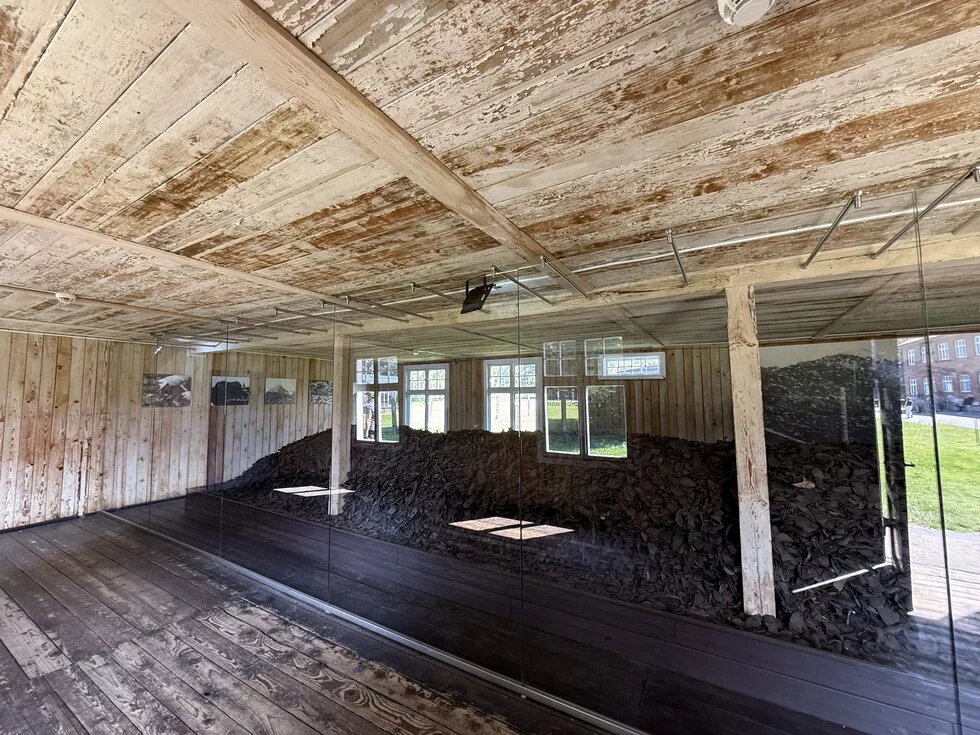 Hinter einer Glasscheibe liegen Tausende von Schuhen von Opfern des Holocausts in der Gedenkstätte Stutthof.