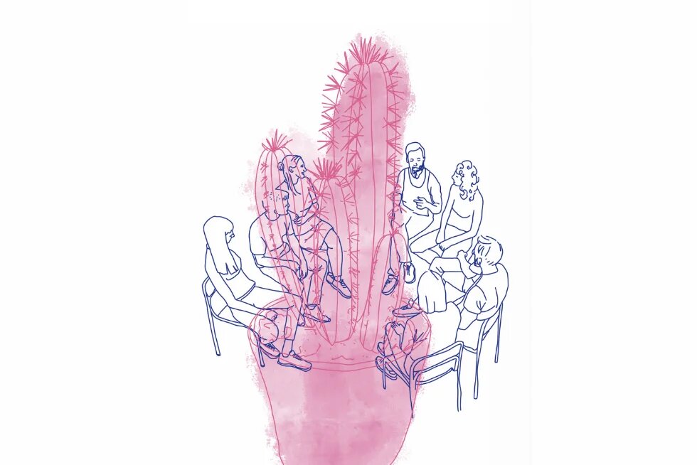 Eine Zeichnung auf der mehrere Personen auf Stühlen über einen überdimensionierten Kaktus herumsitzen.