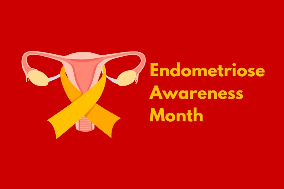 Grafik einer Gebärmutter mit einer Schleife darum. Daneben steht Endometriose Awareness Month.
