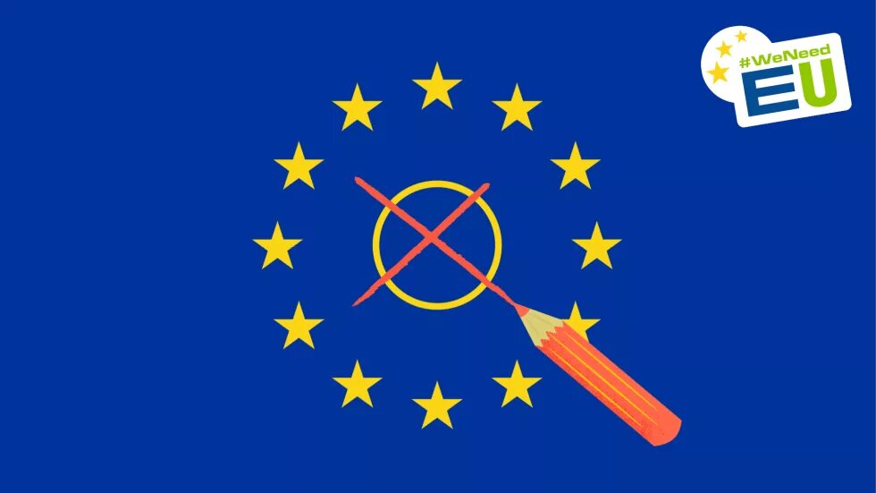 Auf einer Europafahne markiert ein Stift ein Wahlkreuz, rechts oben steht #WeNeedEU