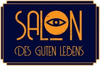 Logo "Salon des guten Lebens" Logo: Salon steht groß im Zentrum, darunter klein "des guten Lebens", alles in orangener Schrift auf dunkelblauem Grund. Das O von Salon ist ein Auge.